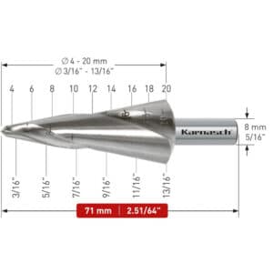 Sveder za luščenje KARNASCH HSS-XE – 2 rezili (4 – 20mm), CBN – navzkrižno brušen, s spiralnim utorom Svedri za luščenje KARNASCH so namenjeni vrtanju tankih pločevin – do 4mm. Uporablja se jih predvsem za povrtavanje obstoječih izvrtin, poševnih ali sovpadajočih izvrtin. Rezilo svedra ustvarja gladke robove izvrtine na obeh straneh obdelovanca, zato naknadno razigljevanje ni potrebno. Sveder omogoča vrtanje izvrtin v premerih 4-20mm. Aksialno-radialna izdelava omogoča ponovno brušenje rezila.