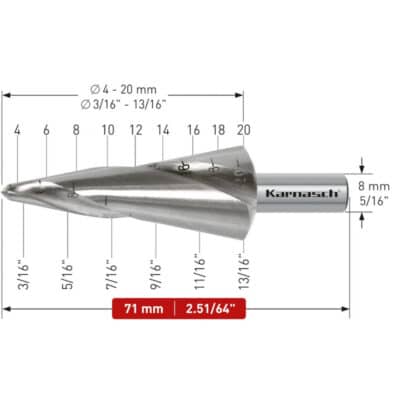 Sveder za luščenje KARNASCH HSS-XE – 2 rezili (4 – 20mm), CBN – navzkrižno brušen, s spiralnim utorom Svedri za luščenje KARNASCH so namenjeni vrtanju tankih pločevin – do 4mm. Uporablja se jih predvsem za povrtavanje obstoječih izvrtin, poševnih ali sovpadajočih izvrtin. Rezilo svedra ustvarja gladke robove izvrtine na obeh straneh obdelovanca, zato naknadno razigljevanje ni potrebno. Sveder omogoča vrtanje izvrtin v premerih 4-20mm. Aksialno-radialna izdelava omogoča ponovno brušenje rezila.