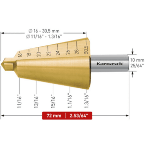 Sveder za luščenje KARNASCH HSS-XE TIN-GOLD – 2 rezili (16 – 30,5mm), CBN – navzkrižno brušen, z ravnim utorom Svedri za luščenje KARNASCH so namenjeni vrtanju tankih pločevin – do 4mm. Uporablja se jih predvsem za povrtavanje obstoječih izvrtin, poševnih ali sovpadajočih izvrtin. Rezilo svedra ustvarja gladke robove izvrtine na obeh straneh obdelovanca, zato naknadno razigljevanje ni potrebno. Sveder omogoča vrtanje izvrtin v premerih 16-30,5mm. Aksialno-radialna izdelava omogoča ponovno brušenje rezila.