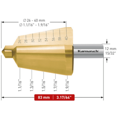 Sveder za luščenje KARNASCH HSS-XE TIN-GOLD – 2 rezili (26 – 40mm), CBN – navzkrižno brušen, z ravnim utorom Svedri za luščenje KARNASCH so namenjeni vrtanju tankih pločevin – do 4mm. Uporablja se jih predvsem za povrtavanje obstoječih izvrtin, poševnih ali sovpadajočih izvrtin. Rezilo svedra ustvarja gladke robove izvrtine na obeh straneh obdelovanca, zato naknadno razigljevanje ni potrebno. Sveder omogoča vrtanje izvrtin v premerih 26-40mm. Aksialno-radialna izdelava omogoča ponovno brušenje rezila.