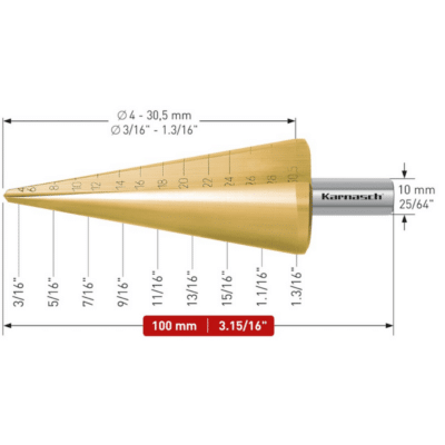 Sveder za luščenje HSS-XE TIN-GOLD – 2 rezili (4 – 30,5mm) Svedri za luščenje KARNASCH so namenjeni vrtanju tankih pločevin – do 4mm. Uporablja se jih predvsem za povrtavanje obstoječih izvrtin, poševnih ali sovpadajočih izvrtin. Rezilo svedra ustvarja gladke robove izvrtine na obeh straneh obdelovanca, zato naknadno razigljevanje ni potrebno. Sveder omogoča vrtanje izvrtin v premerih 4-30,5mm. Aksialno-radialna izdelava omogoča ponovno brušenje rezila.