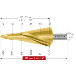 Sveder za luščenje KARNASCH HSS-XE TIN-GOLD – 2 rezili (5 – 31mm), CBN – navzkrižno brušen, z ravnim utorom Svedri za luščenje KARNASCH so namenjeni vrtanju tankih pločevin – do 4mm. Uporablja se jih predvsem za povrtavanje obstoječih izvrtin, poševnih ali sovpadajočih izvrtin. Rezilo svedra ustvarja gladke robove izvrtine na obeh straneh obdelovanca, zato naknadno razigljevanje ni potrebno. Sveder omogoča vrtanje izvrtin v premerih 5-31mm. Aksialno-radialna izdelava omogoča ponovno brušenje rezila.