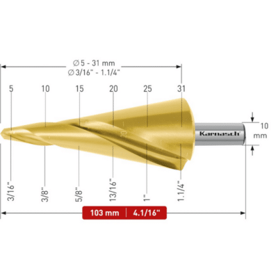 Sveder za luščenje KARNASCH HSS-XE TIN-GOLD – 2 rezili (5 – 31mm), CBN – navzkrižno brušen, z ravnim utorom Svedri za luščenje KARNASCH so namenjeni vrtanju tankih pločevin – do 4mm. Uporablja se jih predvsem za povrtavanje obstoječih izvrtin, poševnih ali sovpadajočih izvrtin. Rezilo svedra ustvarja gladke robove izvrtine na obeh straneh obdelovanca, zato naknadno razigljevanje ni potrebno. Sveder omogoča vrtanje izvrtin v premerih 5-31mm. Aksialno-radialna izdelava omogoča ponovno brušenje rezila.