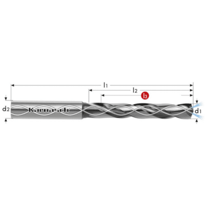 VHM sveder KARNASCH - z notranjim hlajenjem, za jekla, nerjaveča jekla, sive litine < 52 HRC LASTNOSTI: Material: VHM Prevleka: TiAlN/DVC-X2² Kot konice: 140° Nagib spirale: 30° Število rezil: 2 Vpetje: HAK Notranje hlajenje: DA Normativ: DIN 6537 Tip: SPECIAL Toleranca: d1=M7 /d2=H6 Način odrezovanja: HSC, HPC